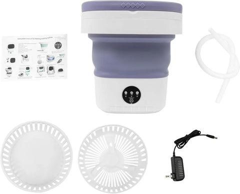Hella Efficient Compact Foldable Mini Washer With Slick Drainage Setup And Pure Copper Motor Plus Gentle Handwash Simulation For Delicates And Baby Clothes Green Finish with instruction manual and components.