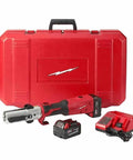 Built Tough Cordless Long Throw Plumbing Press Tool Kit Comes Loaded With Spare Battery Quick Charger Hard Case Slim Inline Frame Made For Fast Trade Work Every Time with red case and accessories.