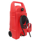 Front view of 34 Gallon Fuel Caddy With Portable Design Manual Transfer Pump And 10 Ft Delivery Hose On Wheels Diesel And Gas Storage, Red