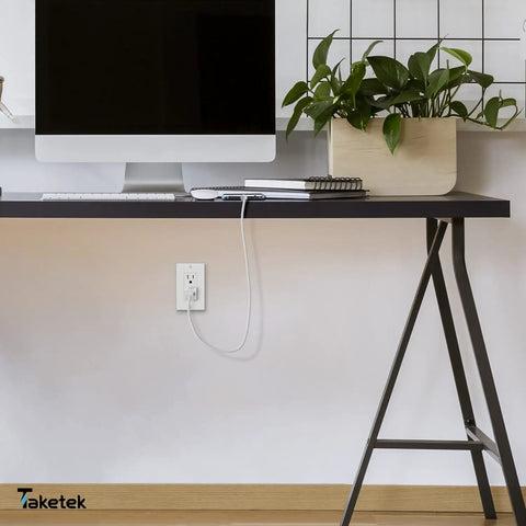 Desk setup with Decorator Receptacle Outlet With Wall Plate Tamper Resistant 15A 125V Residential Grade Self Grounding 2 Pole 3 Wire UL Listed