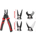 5 In 1 Pliers Set Built Tough For Cutting Sheet Metal And Wires With Stripping, Crimping, Cable Cutting, Soldering, And Wire Cutting Tools Durable Steel Home Repair Kit For DIY Projects, red and black handles, interchangeable tool heads visible.