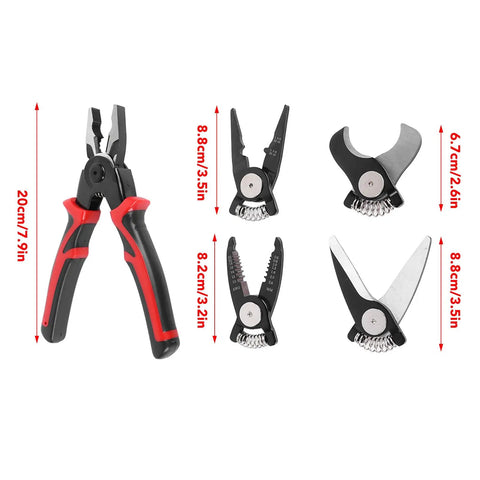 5 In 1 Pliers Set Built Tough For Cutting Sheet Metal And Wires With Stripping, Crimping, Cable Cutting, Soldering, And Wire Cutting Tools Durable Steel Home Repair Kit For DIY Projects, red and black handles, interchangeable tool heads visible.