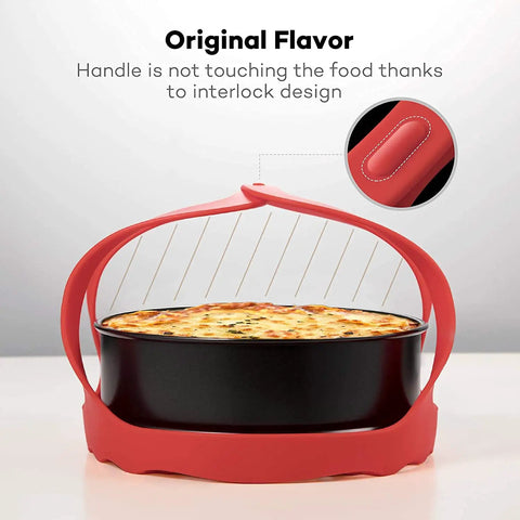 Silicone Sling Lifter Accessory For Instant Pot And Ninja Foodi Pressure Cookers Easy Lift Safe Bowls Pans Bakeware Heat Resistant Food Grade Reusable Red holding a baking dish.
