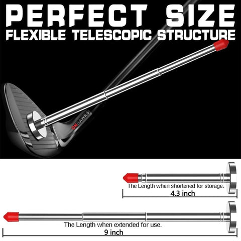 Magnetic Golf Alignment Rods With Telescopic Sticks attached to club, showing flexible structure and size, for precise face alignment.