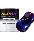 Badass Pro Grade Flake Basecoat Midcoat Paint One Gallon Ready To Spray With Mixing Reducer Included For Auto Body Work And Classic Cars That Pop Off, showing Nero SuperFlake color sample.