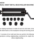 Heavy Duty Pro Sheet Metal Bead Roller With Six Dies Rotary Machine For Auto Panels Includes 1/16 Inch 1/8 Inch 1/4 Inch 3/8 Inch 1/2 Inch Step Dies And Bead Base Carbon Steel Built To Last With Durable Coating For Long Lasting Panel Reinforcement, shown with crank and dies.