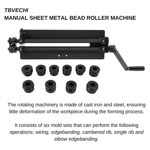 Heavy Duty Pro Sheet Metal Bead Roller With Six Dies Rotary Machine For Auto Panels Includes 1/16 Inch 1/8 Inch 1/4 Inch 3/8 Inch 1/2 Inch Step Dies And Bead Base Carbon Steel Built To Last With Durable Coating For Long Lasting Panel Reinforcement, shown with crank and dies.
