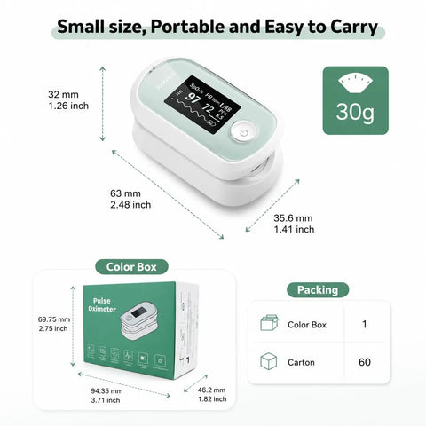 Portable Fingertip Pulse Oximeter With SpO2, Pulse Rate, Respiration Rate and Perfusion Index, Compact size and packaging details