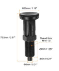 M16x1.5 Push Fit Ball Nose Spring Plunger With 8mm Pin And 1.02 Inch Thread, solid carbon steel, 75.5mm long, 30mm diameter.