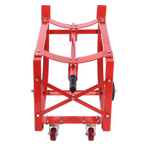 Heavy Duty Steel Drum Cradle For 55 Gallon Barrels With Retractable Lever And Rock Solid Build, front view showing red steel frame.