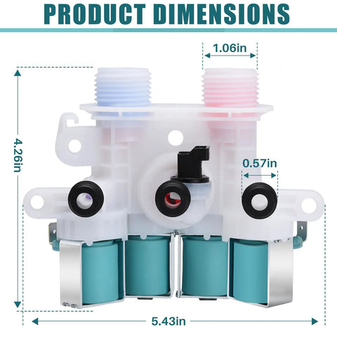 Washer Water Inlet Valve Replacement W11165546 showing dimensions, 2 threaded ports, 3 push-on valves, and 4 solenoids
