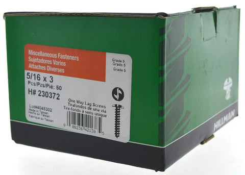 Box of Heavy-Duty Heat-Treated One-Way Lag Screw 5/16 x 3 for Maximum Security Mounting, Hillman brand