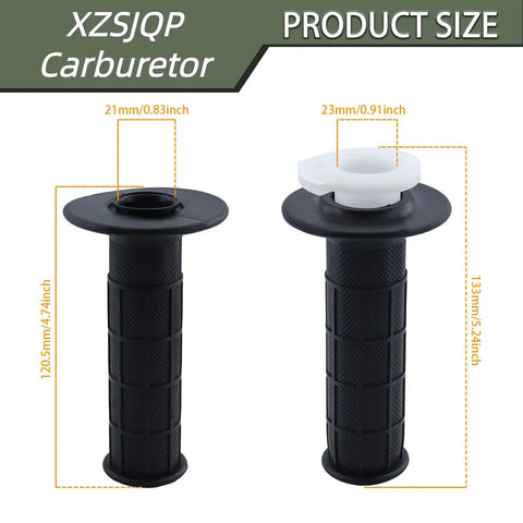 Front view of XZSJQP carburetor grips, measurements 120.5mm and 133mm length, 21mm and 23mm diameter sections shown.