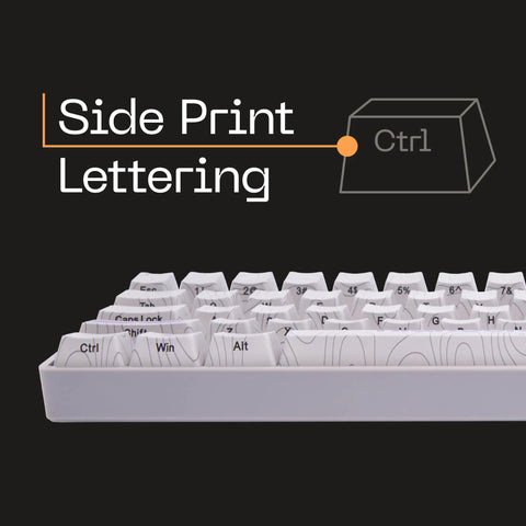 Next Level 65 Percent Mechanical Gaming Keyboard With Usb Wired Pc Setup, Featuring Pre Lubed Magnetic Hall Effect Switches For Rapid Trigger And Dynamic Actuation, Programmable Rgb Lighting, Hot Swappable Layout, And Crispy Deep Thock Vibes side print lettering keys close-up view.