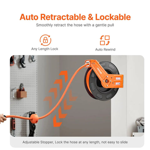 Kickass Retractable Air Hose Reel Auto Rewind 1/2 In X 50 Ft Hybrid Polymer Air Hose Max 300 Psi showcasing auto retractable feature.