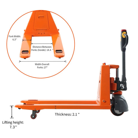 Side view of Electric Pallet Jack Truck With 3300 Lb Capacity Beefy Motorized Lift For Indoor Storage And Material Handling 48 By 27 Inch Forks Lithium Battery Powered Pallet Jack Heavy Duty Orange EPJ3300