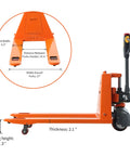 3300 Lb Electric Pallet Jack With 48 Inch Forks And Lithium Battery Powered Walking Truck For Warehouse Shipping side view with detailed fork dimensions.