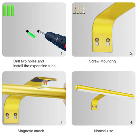 Installation steps for Wireless Picture Light Battery Powered With Remote Dope Dimmable 16 Inch Wall Lamp, gold finish.