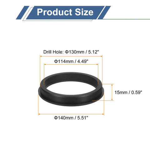 Heavy Duty Top Hat Silicone Rubber Grommet For Wiring And Auto Applications 130mm Drill Hole 114mm Inner Diameter 140mm Outer Diameter 15mm Slot Height Black High Temperature Flexible Gasket Plug, with dimensions marked.