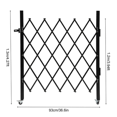 Badass Expandable Folding Security Gate 51 By 36 Inch Black Rugged Steel Diamond Grid Door with dimensions shown