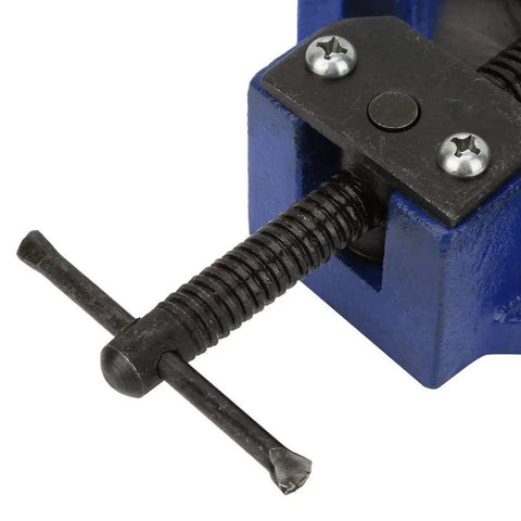 Close-up of heavy duty right angle clamp screw, part of adjustable jaws, made of high strength cast iron for precision alignment.