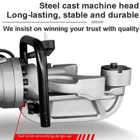 Close-up of the steel cast machine head of Portable Electric Rebar Bender Hydraulic Bending Machine For Reinforcing Bar Up To 25mm.