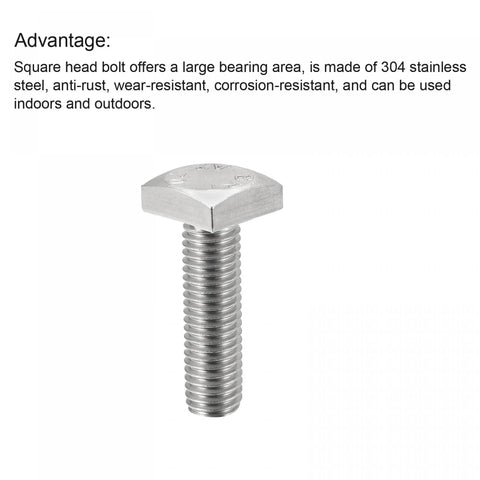 Heavy Duty Square Head Bolts 10 Piece Pack Fully Threaded 304 Stainless Steel Machine Screws showing square head and thread.