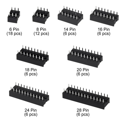 Super Handy DIP IC Sockets Kit With 66 Solder Type Adapters In 6 8 14 16 18 20 24 28 Pin Sizes, 2.54mm Pitch