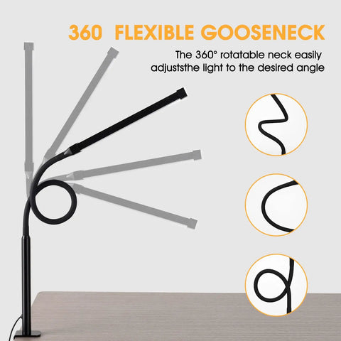 Clip On LED Desk Lamp With Dimmable 3 Color Modes And 10 Brightness Levels For Home Office Flexible Gooseneck demonstration.