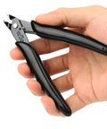 Side view of BOENFU 5-inch black-handled flush-cut wire cutter held in hand