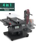 Slick 4 In 1 Mini Table Saw With Led Voltage Display And 7 Adjustable Speeds For No Fuss Crafting And Woodworking Featuring 10 Sanding Belts Plus 90 Degree Adjustable Belt Sander Dual Bench Grinder And Polishing Wheel Kit with LED display and sanding attachments.