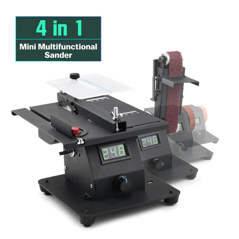 Slick 4 In 1 Mini Table Saw With Led Voltage Display And 7 Adjustable Speeds For No Fuss Crafting And Woodworking Featuring 10 Sanding Belts Plus 90 Degree Adjustable Belt Sander Dual Bench Grinder And Polishing Wheel Kit with LED display and sanding attachments.