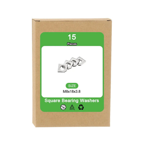 Packaging of Beveled Square Washers For M8 Bolts, 304 Stainless Steel, 18x18mm Outer, 3.8mm Thick, 8mm Hole, 15 Pack