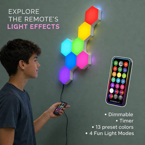 Teen using remote to control Hexagon LED Sensory Lights For Teens 7 Pack With Touch Tap Control Remote Included Autism Friendly Wall Panels.