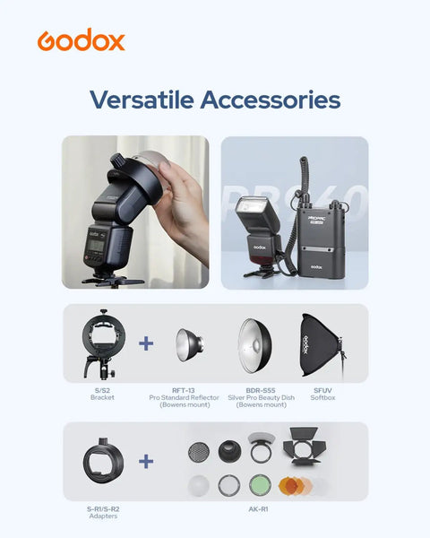 TT520III Universal Bounce Flash Kit accessories including bracket, reflectors, softbox, adapters, and diffuser.