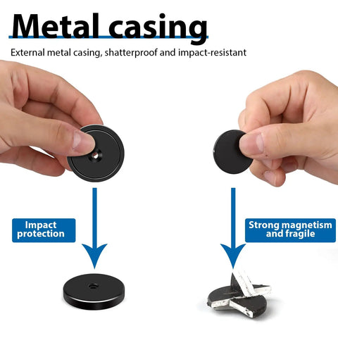 Hands holding and displaying Heavy Duty 1.42 Inch Neodymium Cup Magnets With Holes For Wall Mounting, showing impact protection.