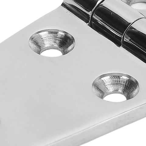 Close-up of 316 Stainless Steel Door Hinge With Five Holes 76 By 38mm Mirror Polished Finish for indoor and outdoor use.