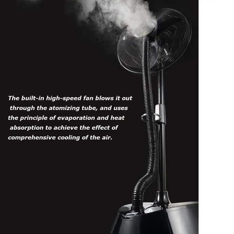 Heavy Duty Outdoor Misting Floor Fan With Three Speed Settings And Wide Swing providing a cooling mist from its fogging tube.