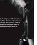 Heavy Duty Mist Fan With Three Easy Speeds And Wide Angle Oscillation Covers Five Hundred Square Feet Of Patio Space Low Noise Pedestal Cooler showing high-speed fan and misting tube.