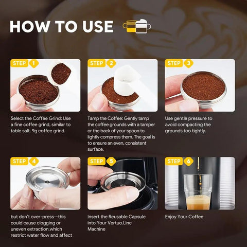 Instructional steps for using Stainless Steel Reusable Coffee Capsule For Nespresso VertuoLine Machines Eco Friendly Refillable Pod 70ml Espresso Cup