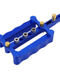 Rock Solid Self Centering Doweling Jig 6 Piece Aluminum Alloy Drill Bit Locator in blue for precise woodworking setup.