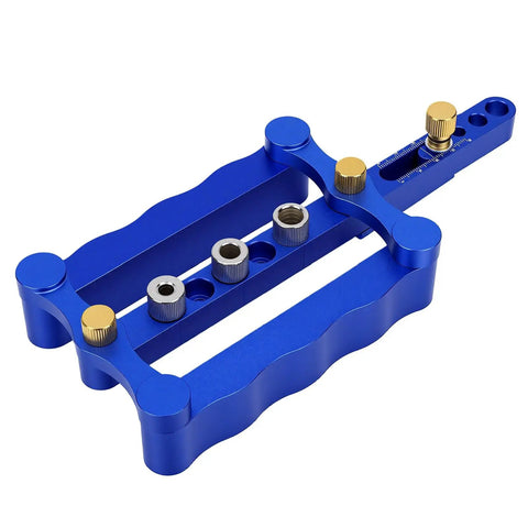 Rock Solid Self Centering Doweling Jig 6 Piece Aluminum Alloy Drill Bit Locator in blue for precise woodworking setup.