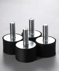Six Pack Black Rubber Engine Mount Mats With Damping Elements For Superior Vibration Isolation And Stable Support On Machinery, Fitness Equipment, And DIY Projects. Black rubber mounts with threaded bolts shown from above.