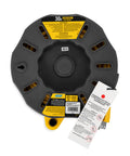 Top view of 30 Ft RV Extension Cord Reel With 10 Amp Capacity, 125V 1250W, featuring built-in circuit breaker and labels