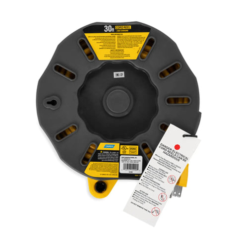 Top view of 30 Ft RV Extension Cord Reel With 10 Amp Capacity, 125V 1250W, featuring built-in circuit breaker and labels