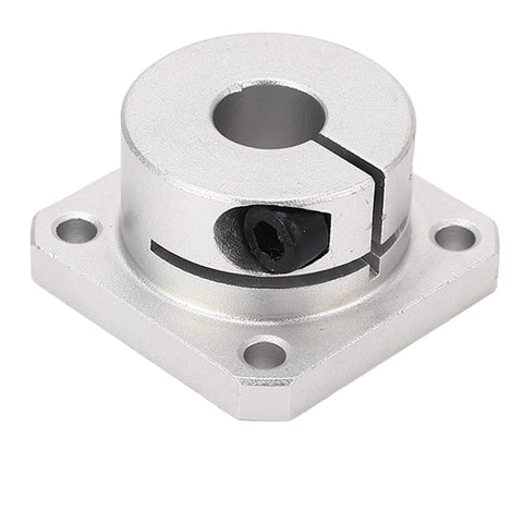 Front view: silver square flange linear bearing with central bore and set-screw for 12 mm shaft.