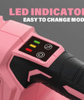 Close-up of LED indicator on Cordless 20V Leaf Blower With Two 2.0Ah Batteries And Charger Included, 150 MPH Turbo Mode, Pink Finish