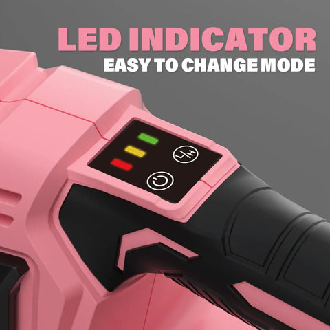 Close-up of LED indicator on Cordless 20V Leaf Blower With Two 2.0Ah Batteries And Charger Included, 150 MPH Turbo Mode, Pink Finish