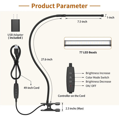 LED Desk Lamp With Clamp For Home Office 77 LEDs 3 Color Modes showing size, USB adapter, flexible gooseneck, and control features.