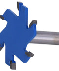 Solid Yg8 Alloy 6-Flute Router Bit With Tough Carbide Tip For Clean T Slot Wood Routing And Smooth Milling On Hardwood Projects Plus Long Lasting Durability, showing blue-cutting head and silver shank from the side.